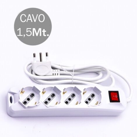Multipresa con 4 Prese 10/16A 2P+T Bipasso/Schuko 45° e Interruttore Generale Luminoso e Cavo 1,5m Spina 16A 2P+T Colore Bianco (1/4)
