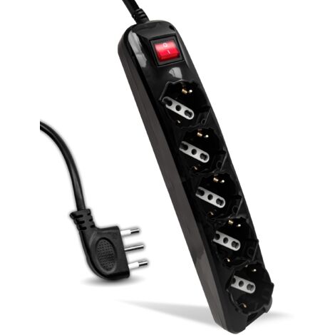 Multipresa con 5 Prese 10/16A 2P+T Bipasso/Schuko 45° e Interruttore Generale Luminoso e Cavo 1,5m Spina 16A 2P+T Colore Nero (1/5)