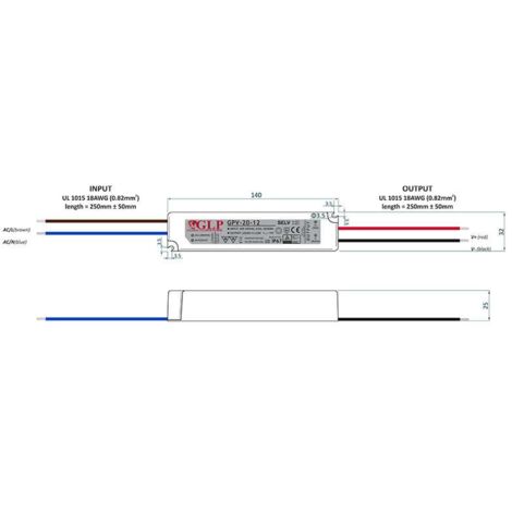 Alimentation LED DC12V 20W 2A Étanche IP67 GLP
