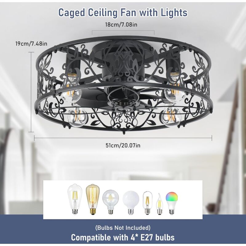 SHLUCE 24" Flush Mount Caged Ceiling Fan With Light – Farmhouse Low Profile Bladeless Fan With Remote, 6 Speeds, Reversible Motor, 4 E26 Sockets, For Kitchen Bedroom Living Room