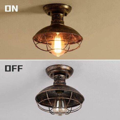 Industrial Ceiling Light with Metal Cage, E27 Semi-Flush Pendant Lighting Fixture, Oil Rubbed Bronze Chandelier for Farmhouse Porch Kitchen Bathroom