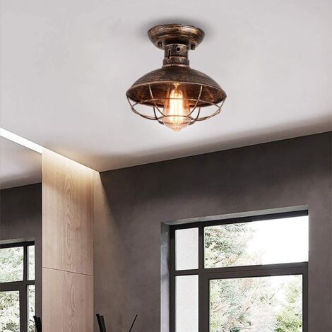 Industrial Ceiling Light with Metal Cage, E27 Semi-Flush Pendant Lighting Fixture, Oil Rubbed Bronze Chandelier for Farmhouse Porch Kitchen Bathroom