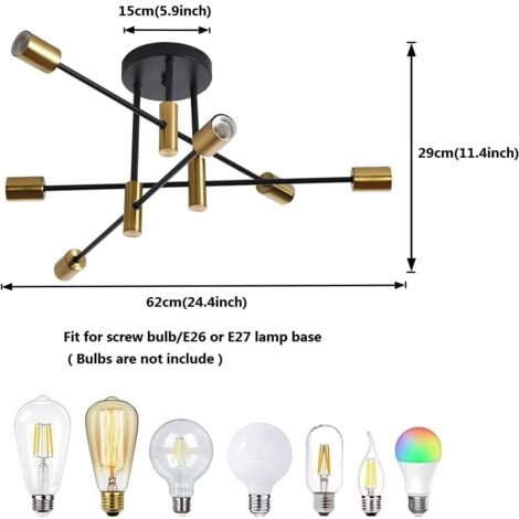 Nordic Sputnik Chandelier Ceiling Light, Vintage 6 Lights Black Gold Semi-Flush Mount Ceiling Lamp E27 Decorative Modern Ceiling Lighting for Living Room Bedroom Dining Room and Kitchen