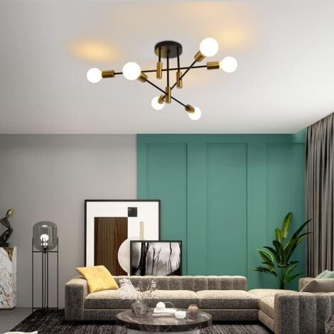 Nordic Sputnik Chandelier Ceiling Light, Vintage 6 Lights Black Gold Semi-Flush Mount Ceiling Lamp E27 Decorative Modern Ceiling Lighting for Living Room Bedroom Dining Room and Kitchen