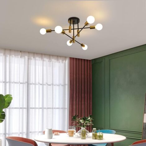 Nordic Sputnik Chandelier Ceiling Light, Vintage 6 Lights Black Gold Semi-Flush Mount Ceiling Lamp E27 Decorative Modern Ceiling Lighting for Living Room Bedroom Dining Room and Kitchen