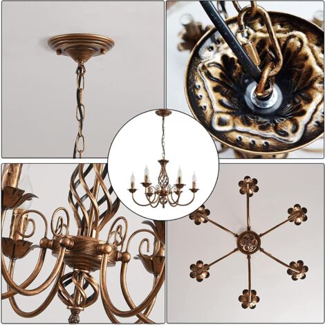 Traditional Country Style Chandelier, Bronze Vintage Height Adjustable Wrought Iron Candlestick, 6 Lights Ceiling Lamp Farmhouse Pendant Lamp for Living Room Kitchen Dining Room