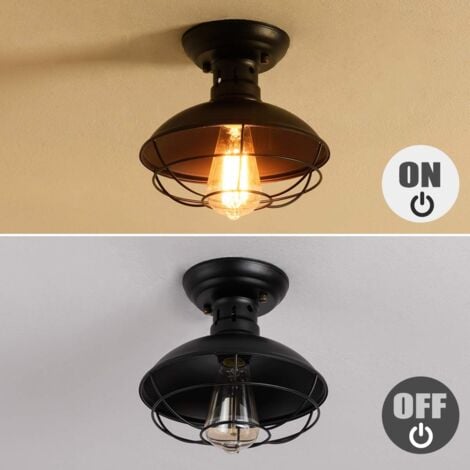Ganeed Rustic Ceiling Light Black, E27 Mini Ceiling Pendant Lighting, Semi Flush Mounted with Industrial Metal Cage, Hallway Stairway Foyer Kitchen Porch Entryway