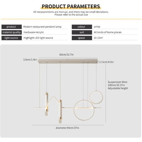 Modern Pendant Lights, Dimmable Chandelier with Remote Control, Linear Wave Pendant Light, Pendant Light Fixture for Kitchen Dining Room Living Room (White 40W)