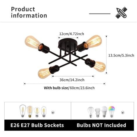 Industrial Semi Flush Mount Ceiling Light 4-Light Rustic Black Chandelier with E27 Base, Modern Sputnik Ceiling Lighting Fixture for Kitchen Dining Living Room Bedroom