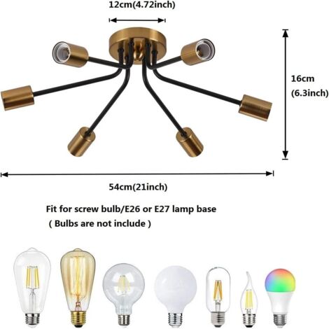 6-Light Semi Flush Mount Ceiling Light Fixture, Modern Gold Sputnik Chandelier Ceiling Lighting, Industrial Metal Farmhouse Ceiling Lamp for Living Dining Room Bedroom (Bulb Not Include)