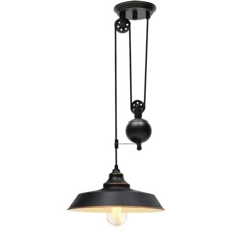Ganeed Pulley Pendant Light,Adjustable Height Industrial Pulley Lighting,Rustic Ceiling Hanging Light Edison Island Lamp for Farmhouse Dinner Room Kitchen Hallway,Black Socket