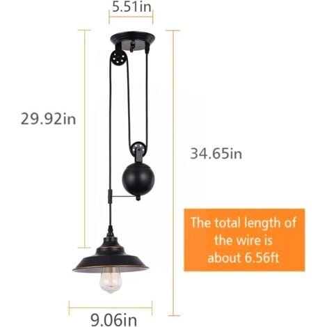 Ganeed Pulley Pendant Light,Adjustable Height Industrial Pulley Lighting,Rustic Ceiling Hanging Light Edison Island Lamp for Farmhouse Dinner Room Kitchen Hallway,Black Socket