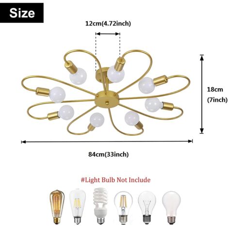 Modern 8-Light Ceiling Light Fixture Industrial Sputnik Ceiling Lamp, E27 Semi Flush Mount Gold Chandeliers Lighting for Living Room Farmhouse Kitchen (Bulb Not Include)