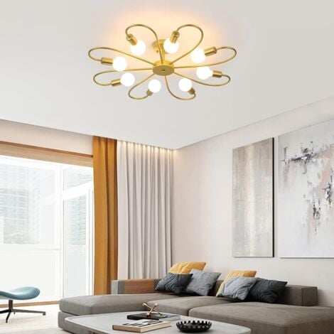 Modern 8-Light Ceiling Light Fixture Industrial Sputnik Ceiling Lamp, E27 Semi Flush Mount Gold Chandeliers Lighting for Living Room Farmhouse Kitchen (Bulb Not Include)