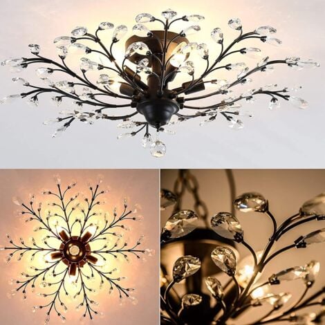 Ganeed Vintage K9 Clear Crystal Chandeliers,Ceiling Lighting,Pendant Lighting Flush Mounted Fixture with 5 Light for Living Room Dinning Room Restaurant Porch Hallway (Black)