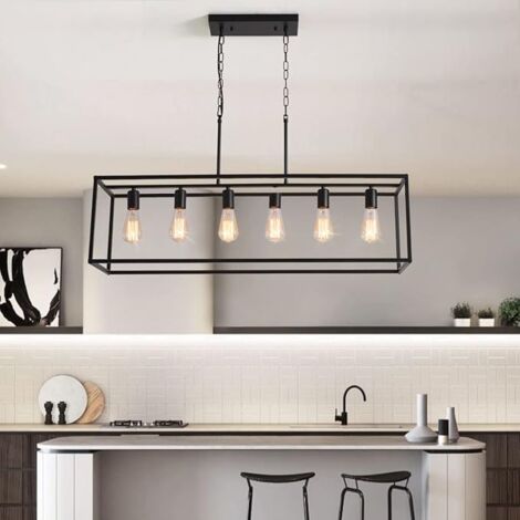 6 Light Rectangle Chandelier,Black Metal Linear Modern Pendant Lighting ...