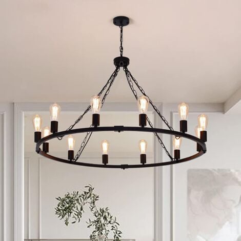 Rustic Farmhouse Chandelier, 12-Light Vintage Rings Pendant Light Fixture Wheel Chandelier for Dining Room Kitchen Living Room Bedroom Hallway Foyer (Black Metal)