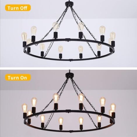 Rustic Farmhouse Chandelier, 12-Light Vintage Rings Pendant Light Fixture Wheel Chandelier for Dining Room Kitchen Living Room Bedroom Hallway Foyer (Black Metal)