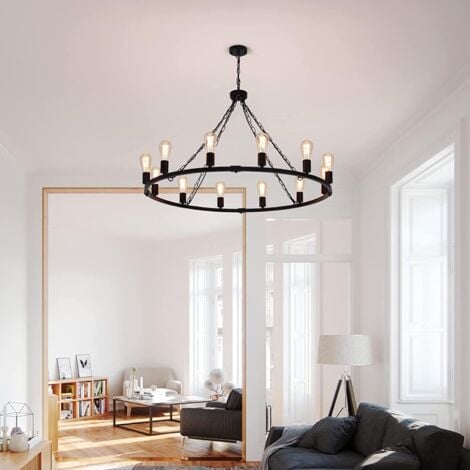 Rustic Farmhouse Chandelier, 12-Light Vintage Rings Pendant Light Fixture Wheel Chandelier for Dining Room Kitchen Living Room Bedroom Hallway Foyer (Black Metal)