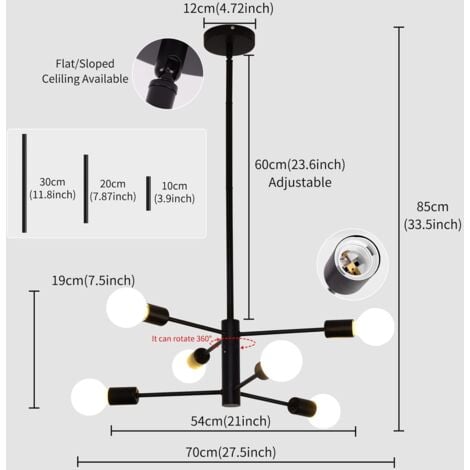 Modern Sputnik Chandelier Light - 6 Light Black Chandelier Mid Century E27 Pendant Lighting Height Adjustable Ceiling Light Fixture for Living Room Kitchen Dining Room Bedroom