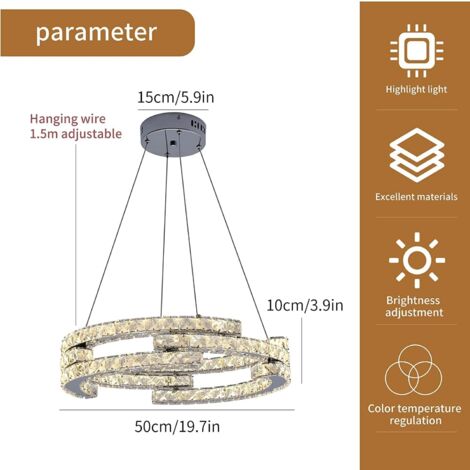 Crystal Chandelier Kitchen Lights Ceiling 3-Ring Dimmable and Height Adjustable Chandelier Hanging Lamp with Remote Control, Ideal for Living Room,Dining Room,Kitchen,Bedroom (Diameter 50cm)