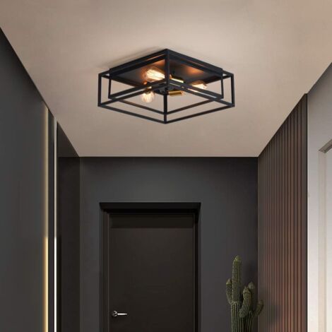 Industrial Ceiling Light 3 Lights Square Semi Flush Mount Ceiling Lamp Metal Ceiling Light for Hallway Entrance Dining Room Bedroom Foyer (Black) E27