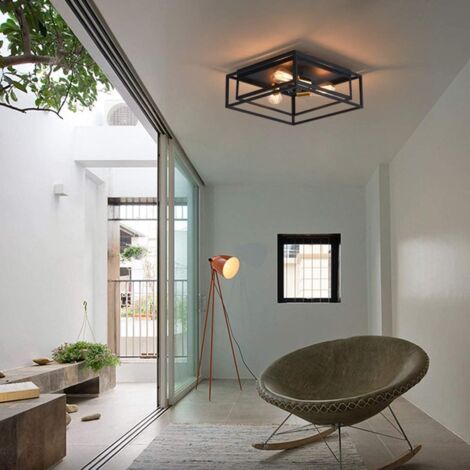 Industrial Ceiling Light 3 Lights Square Semi Flush Mount Ceiling Lamp Metal Ceiling Light for Hallway Entrance Dining Room Bedroom Foyer (Black) E27