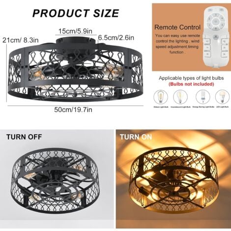 Ganeed Ceiling Light with Fan Industrial Style Farmhouse Ceiling Fan 50cm Matte Metal Cage Lighting E27 Flush Mount with Remote Control 4 Lights