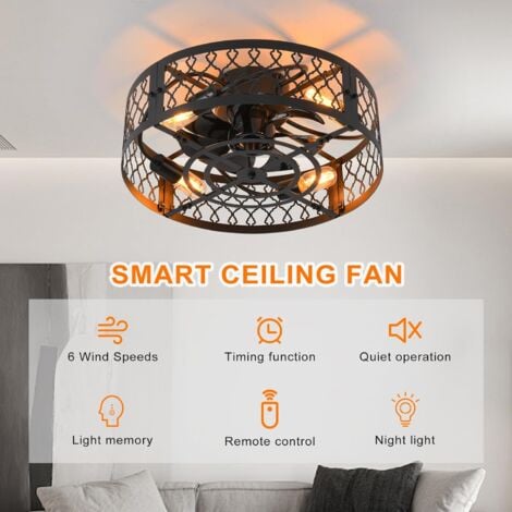 Ganeed Ceiling Light with Fan Industrial Style Farmhouse Ceiling Fan 50cm Matte Metal Cage Lighting E27 Flush Mount with Remote Control 4 Lights