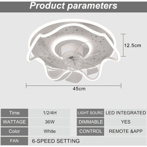 Ganeed Ceiling Fan with Light - Flush Mount Modern Indoor LED Dimmable Low Profile Ceiling Fans with Remote Control,Smart 3 Light Color Change and 6 speeds, White, Diameter: 45 cm