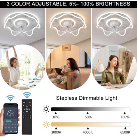 Ganeed Ceiling Fan with Light - Flush Mount Modern Indoor LED Dimmable Low Profile Ceiling Fans with Remote Control,Smart 3 Light Color Change and 6 speeds, White, Diameter: 45 cm