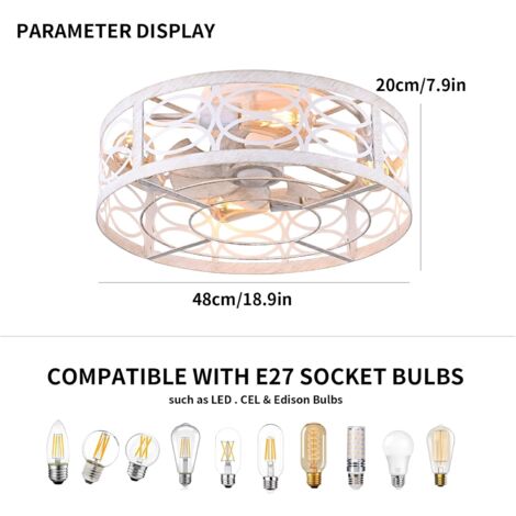 Ganeed 19" Caged Ceiling Fan with Light and Remote, bladeless Ceiling Fan 6 Speed Reversible and Remote Control, Low Profile Ceiling Fan with Lights for Bedroom, Dining Room