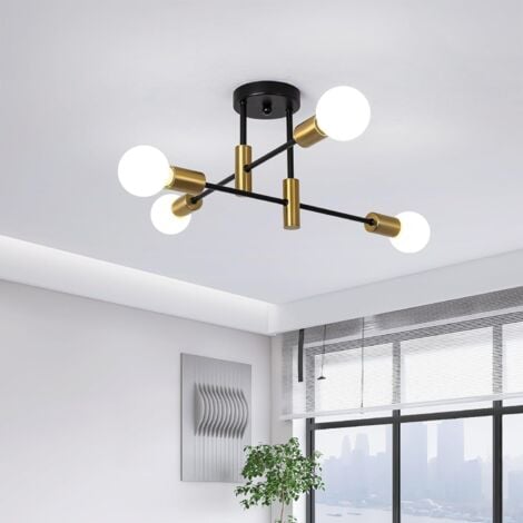 Modern Sputnik Chandelier, 4-Light Mid Century Semi Flush Mount Ceiling Light Fixture for Bedroom, Dining Room, Living Room, Kitchen, Office,Black+Gold