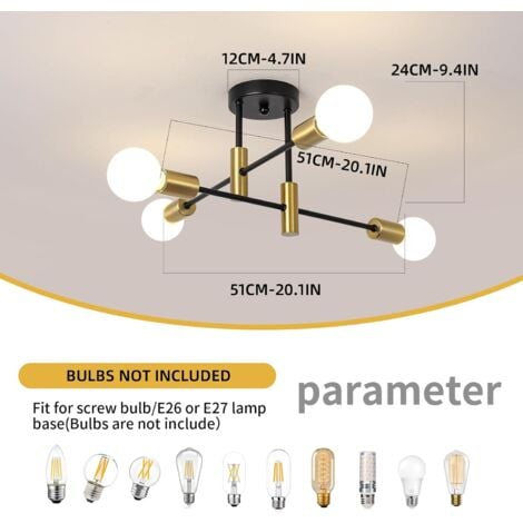 Modern Sputnik Chandelier, 4-Light Mid Century Semi Flush Mount Ceiling Light Fixture for Bedroom, Dining Room, Living Room, Kitchen, Office,Black+Gold