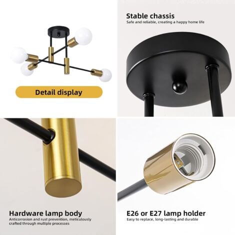 Modern Sputnik Chandelier, 4-Light Mid Century Semi Flush Mount Ceiling Light Fixture for Bedroom, Dining Room, Living Room, Kitchen, Office,Black+Gold