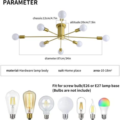 8-Light Sputnik Ceiling Light Modern Semi Flush Mount Ceiling Light Mid Century Gold Chandelier Pendant Lighting for Kitchen Dining Room Bedroom