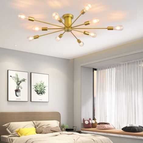 Ganeed 10 Lights Modern Sputnik Ceiling Chandelier Gold Industrial Ceiling Lamp Mid Century Semi Flush Mount Ceiling Light Fixture for Kitchen Dining Room Living Room Bedroom Foyer Lighting