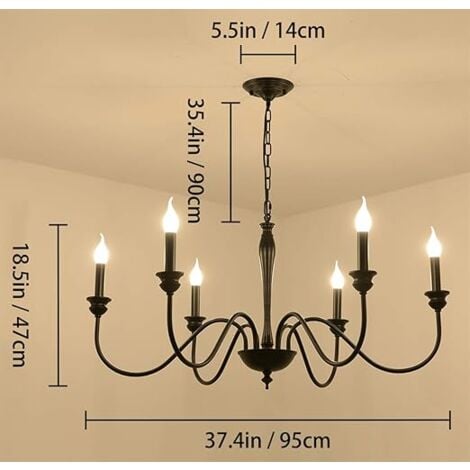 Ganeed Hanging Chandelier 95 cm French Country Rustic Candle Style Light Pendant with Adjustable Chain Black 6 Lights