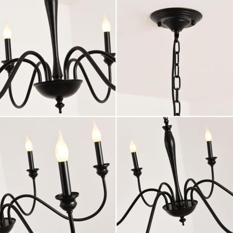 Ganeed Hanging Chandelier 95 cm French Country Rustic Candle Style Light Pendant with Adjustable Chain Black 6 Lights