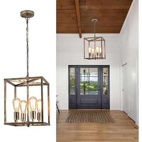 View of Lantern Pendant Lights, Industrial Metal Cage Foyer Chandeliers Ceiling ...
