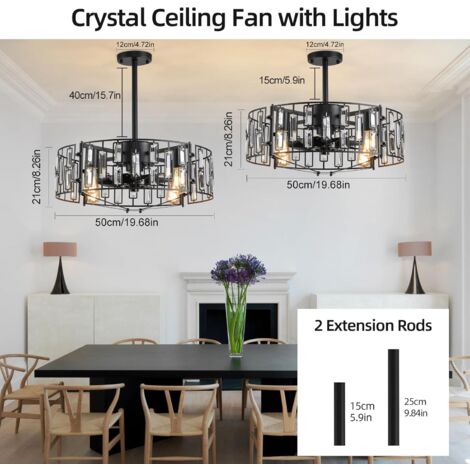 Ganeed Fandelier Ceiling Fan with Lights Crystal Pendant Lamp 50 cm Modern Decor 6 Wind Speeds with Remote Control Black 4 Lights