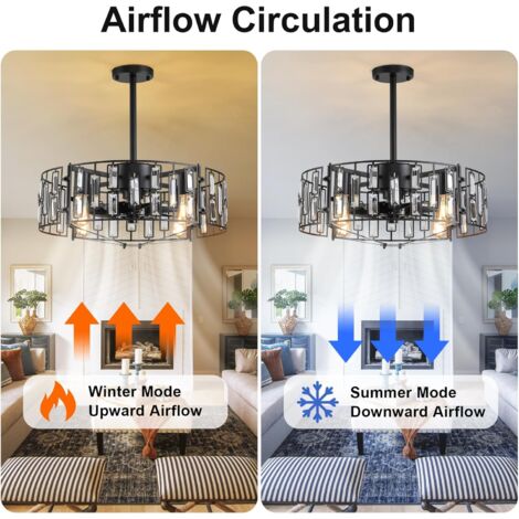 Ganeed Fandelier Ceiling Fan with Lights Crystal Pendant Lamp 50 cm Modern Decor 6 Wind Speeds with Remote Control Black 4 Lights