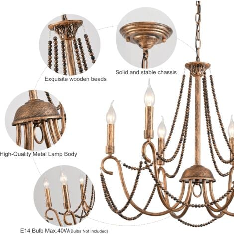 Ganeed Ceiling Light Vintage French Classic Hanging Chandelier Wrought Iron Light Fitting Bronze 6 Lights
