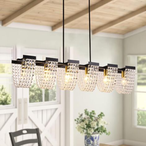 XvmBvm Farmhouse Dining Room Light Fixtures Over Table,Rustic Ceiling Pendant Lights Kitchen Island,5-Light Wood Kitchen Island Lighting Linear Chandelier with Clear Glass lampshade