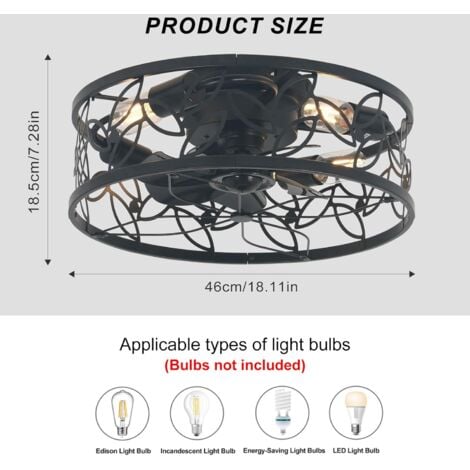 Ganeed Ceiling Light Fan with Remote Control 50cm Metal Fan for Bedroom Flush Mount Modern Decor Light Fan E27 Lamps Black 4 Light