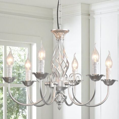 Ganeed French Country Chandeliers,Rustic Pendant Chandelier,Silver Vintage Height Adjustable Candle Wrought Iron Chandelier,6 Lights Farmhouse Pendant Light Fixture for Kitchen Dining Room Living Room