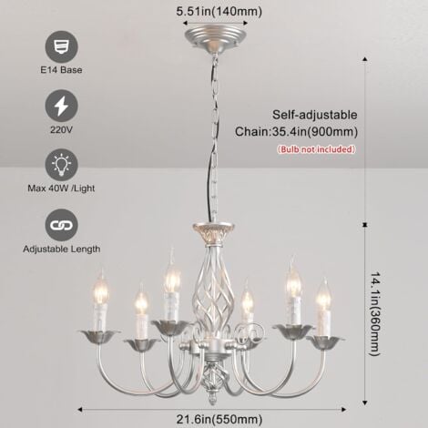 Ganeed French Country Chandeliers,Rustic Pendant Chandelier,Silver Vintage Height Adjustable Candle Wrought Iron Chandelier,6 Lights Farmhouse Pendant Light Fixture for Kitchen Dining Room Living Room