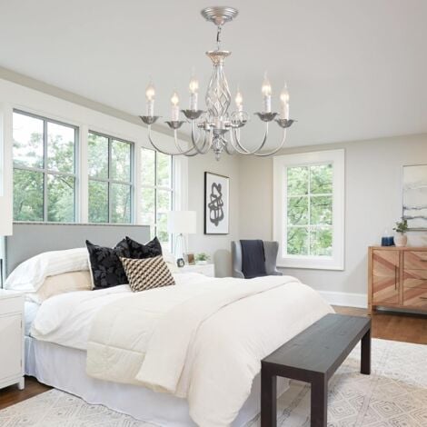 Ganeed French Country Chandeliers,Rustic Pendant Chandelier,Silver Vintage Height Adjustable Candle Wrought Iron Chandelier,6 Lights Farmhouse Pendant Light Fixture for Kitchen Dining Room Living Room