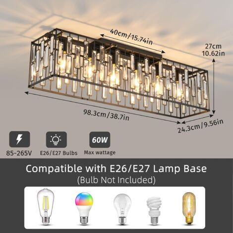 Ganeed Modern Crystal Chandeliers Ceiling Light, 6 Lights Black Chandeliers Ceiling Lights Fixture, Classical Rectangle Chandeliers for Living Room Kitchen Hallway Island Bar, E27