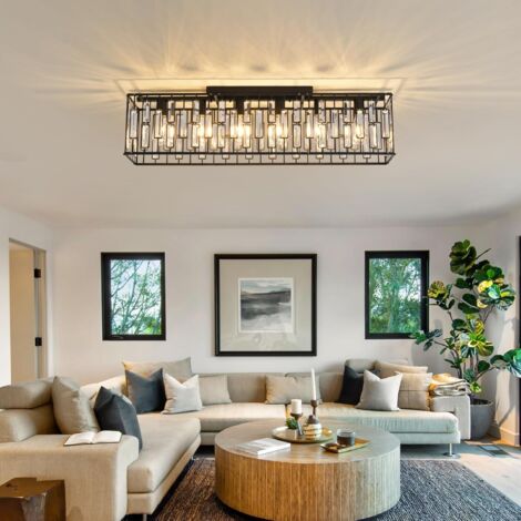 Ganeed Modern Crystal Chandeliers Ceiling Light, 6 Lights Black Chandeliers Ceiling Lights Fixture, Classical Rectangle Chandeliers for Living Room Kitchen Hallway Island Bar, E27